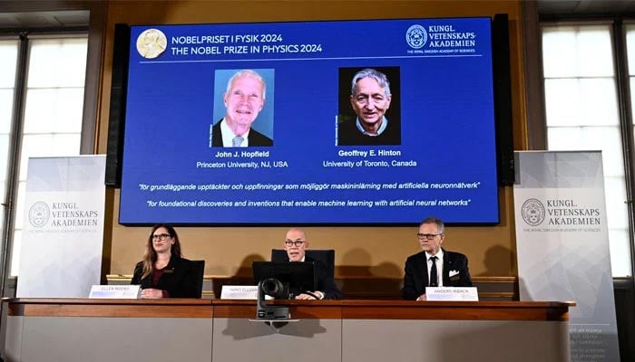 John J Hopfield and Geoffrey E Hinton win the 2024 Nobel Prize in Physics, which is announced at a press conference by Hans Ellegren (centre), Secretary-General at the Swedish Academy of Sciences, Stockholm, Sweden October 8, 2024. — Reuters