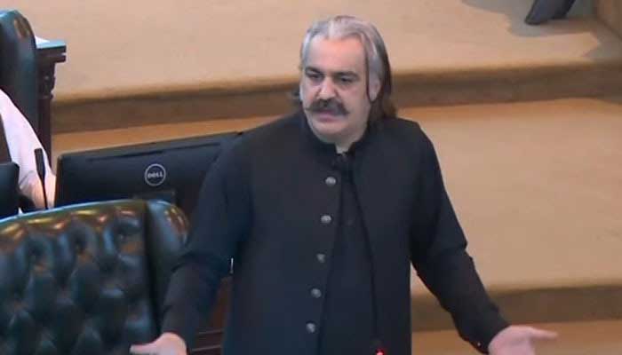 Khyber Pakhtunkhwa Chief Minister Ali Amin Gandapur addressing session of KP Assembly, Peshawar, October 8, 2024. — Screengrab via Geo News