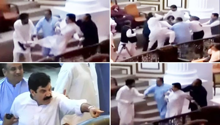 PTI lawmaker Nek Muhammad fighting with PTI-P supporters in KP Assembly on October 8, 2024. — YouTube screengrab/Geo News