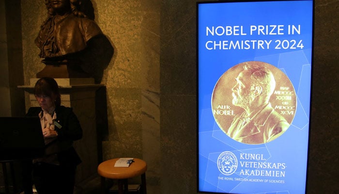 A view of the sign for the Nobel Prize in Chemistry in the Royal Swedish Academy of Sciences ahead of the announcement of the 2024 Nobel Prize in Chemistry in Stockholm, Sweden, October 9, 2024. — Reuters