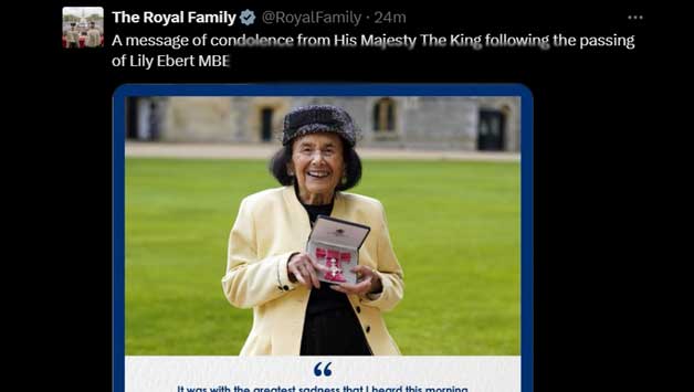 King Charles issues sad statement over passing of Lily Ebert