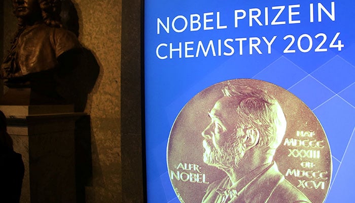 A view of the sign for the Nobel Prize in Chemistry in the Royal Swedish Academy of Sciences ahead of the announcement of the 2024 Nobel Prize in Chemistry in Stockholm, Sweden on October 9, 2024. — Reuters