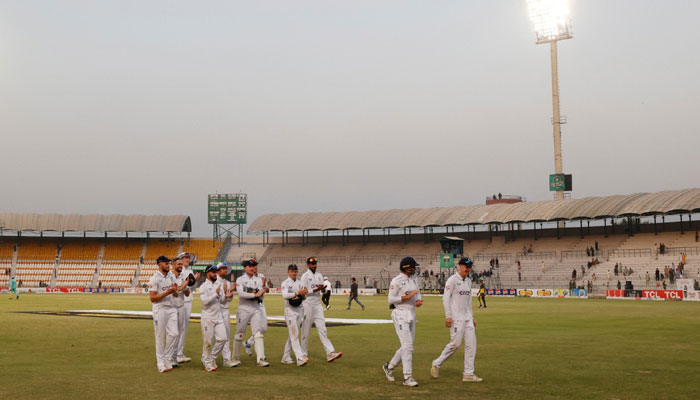 England players walk off at the end of the fourth day’s play of first Test against Pakistan at Multan Cricket Stadium, October 10, 2024. — Reuters.