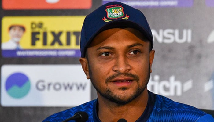 Bangladesh all-rounder Shakib Al Hasan speaks to the media in this undated image. — AFP/File