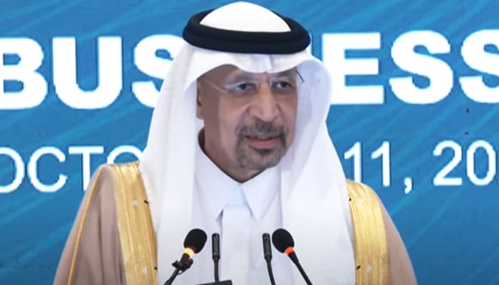 Saudi Minister for Investment Khalid bin Abdulaziz Al-Falih addressing the Pakistan-Saudi Business Forum in Islamabad, on October 10, 2024. — Screengrab/GeoNews