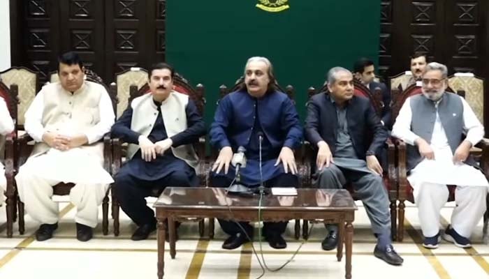 KP CM Ali Amin Gandapur (centre) speaks during Grand Jirga in Peshawar on October 10, 2024. — Screengrab via Geo News