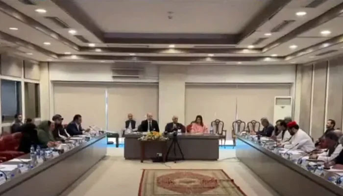 Members of political parties and federal ministers attend the fifth in-camera session of the Special Committee of Parliament in this still taken from a video. — Geo News/YouTube