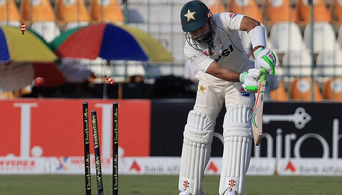 Pakistans Mohammad Rizwan is bowled by Englands Brydon Carse on the fifth day of the first Test at Multan Cricket Stadium on October 11, 2024. — Reuters