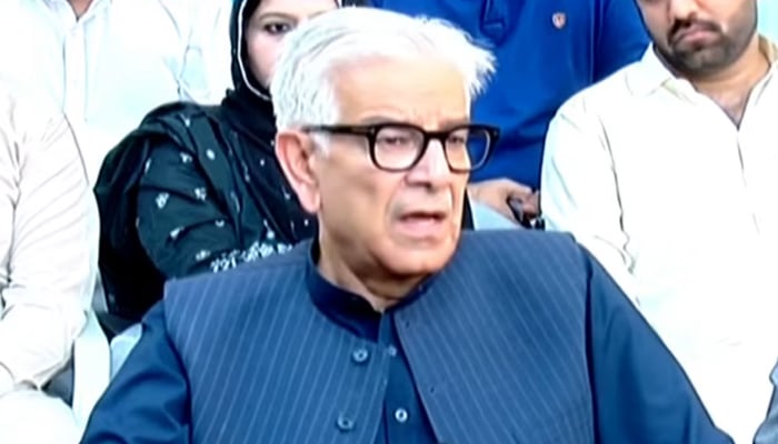 Defence Minister Khawaja Asif speaks to the media on October 12, 2024. — Screengrab via Geo News