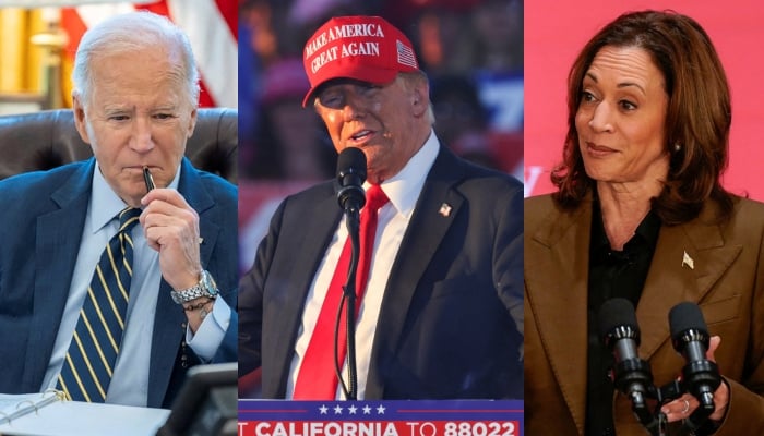 A combination of pictures showing US President Joe Biden (left), Republican presidential cnadidate and former president Donald Trump (center) and US Vice President and Democratic presidential candidate Kamala Harris. — Reuters/Files