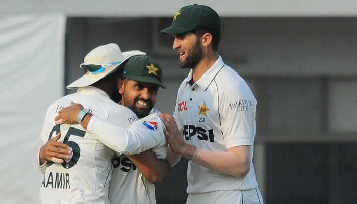 Pakistani players celebrate a wicket during the first Test against England in this image taken on October 8, 2024. – PCB