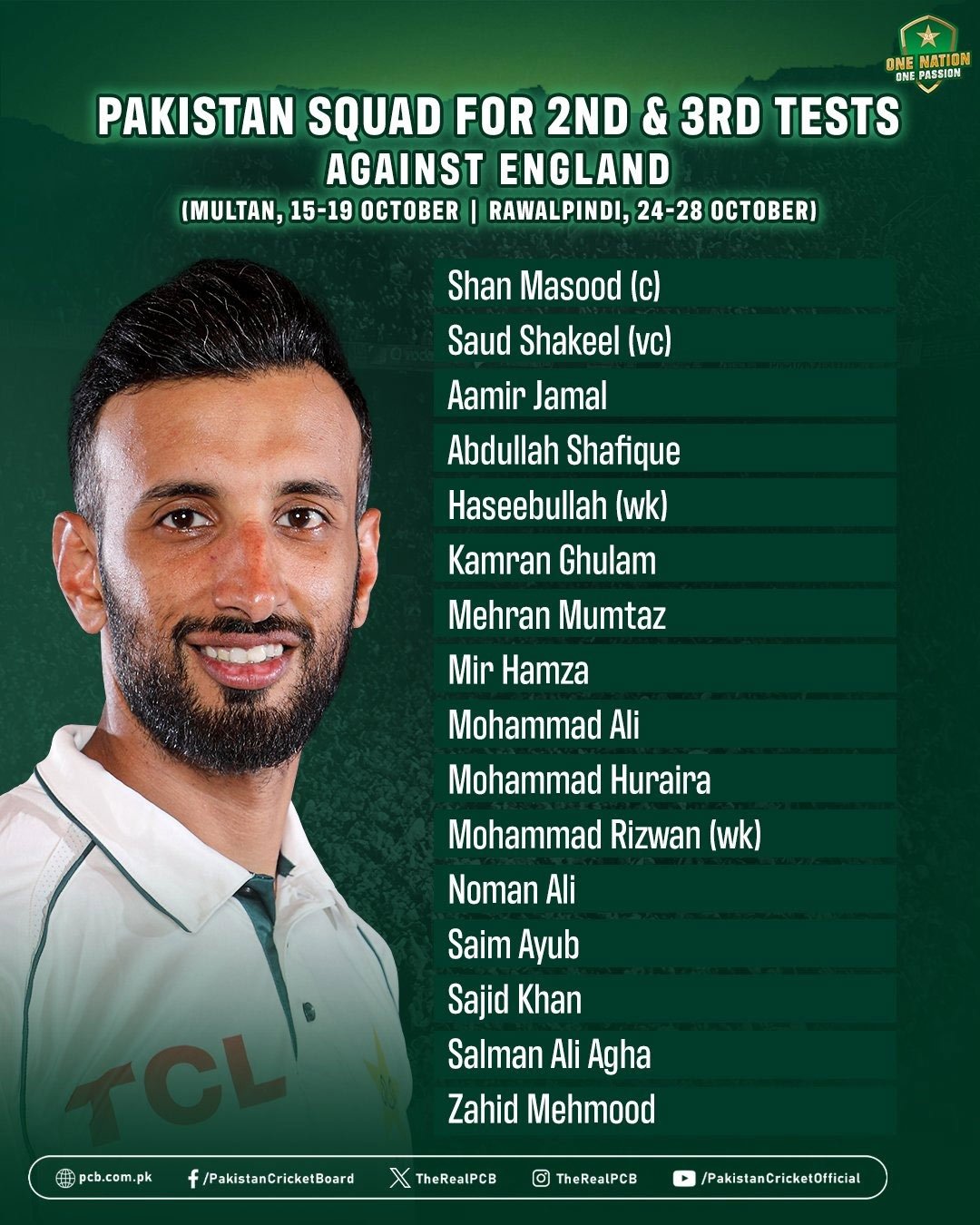 National squad for second Test. — PCB