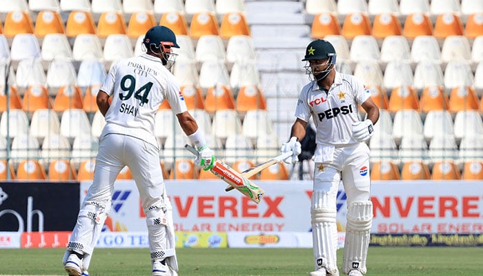 Pakistans Abdullah Shafique and skipper Shan Masood pictured during the first Test against England at the Multan Cricket Stadium on October 9, 2024. — Reuters