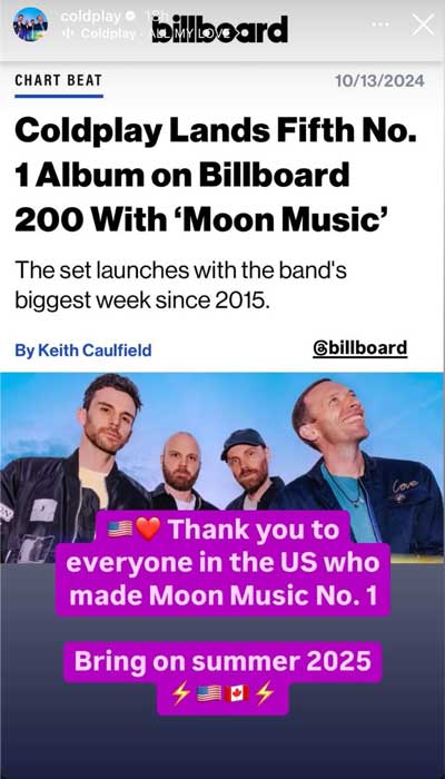 Coldplays Moon Music tops Billboard 200 chart in America