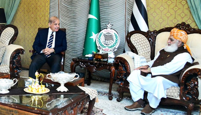 PM Shehbaz Sharif (left) meets JUI-F supremo Maulana Fazlur Rehman on August 30, 2024. — Radio Pakistan