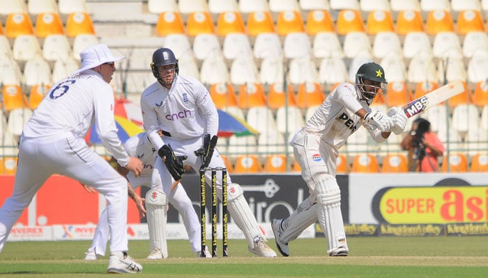 Pakistans Saim Ayub plays a shot during the first day of the second Test against England at the Multan Cricket Stadium on October 15, 2024. — PCB