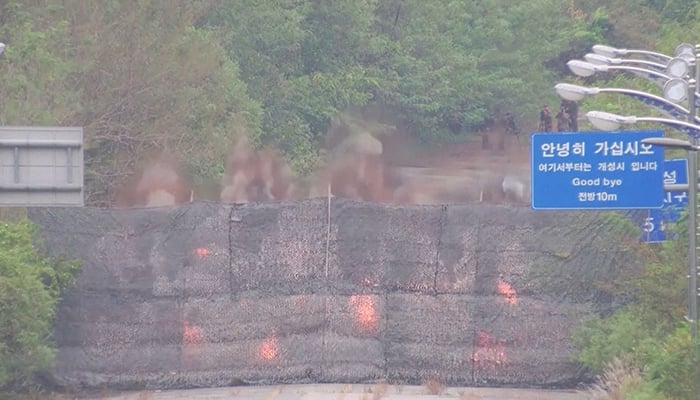 and smoke rises after North Korea blows up sections of inter-Korean roads on its side of the border between the two Koreas, according to South Koreas military, as seen from the South Korean side, October 15, 2024. — Reuters