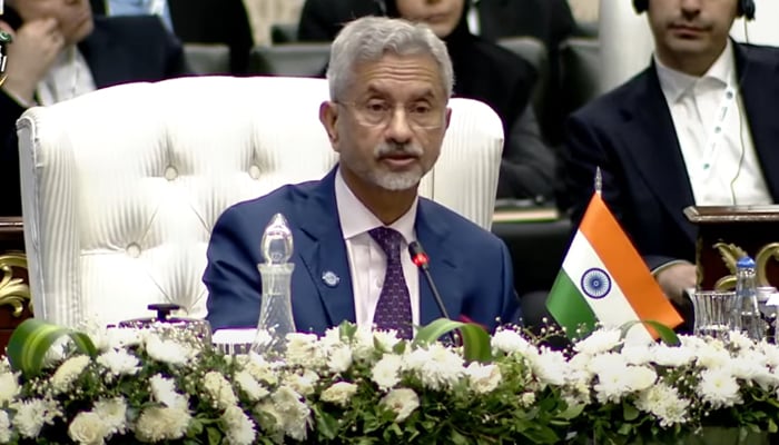 Indian External Affairs Minister Subrahmanyam Jaishankar addressing the SCO summit in Islamabad, on October 16, 2024. — Screengrab/GeoNews