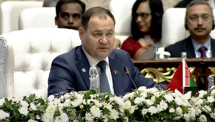 Belarusian Prime Minister Roman Golovchenko addressing the SCO summit in Islamabad, on October 16, 2024. — Screengrab/GeoNews