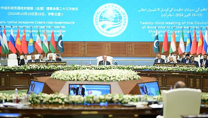 PM Shehbaz Sharif addressing Shanghai Cooperation Organisations (SCO) Council of the Heads of Government (CHG) meeting at Jinnah Convention Centre on October 16, 2024. — X/@CMShehbaz