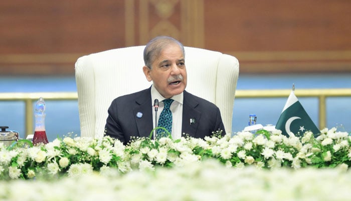 PM Shehbaz Sharif addressing Shanghai Cooperation Organisations (SCO) Council of the Heads of Government (CHG) meeting at Jinnah Convention Centre on October 16, 2024. — PID