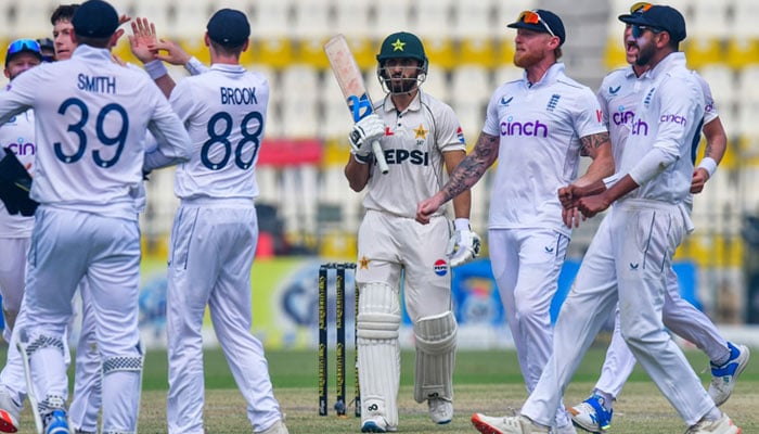 Ben Stokes and his men celebrates as a Pakistani batter walks off the field after being dismissed on the second day of the second Test on October 16, 2024. — PCB