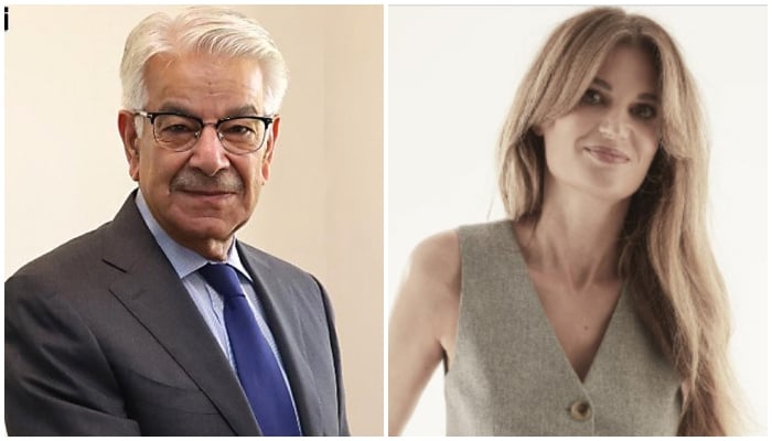 Defence Minister Khawaja Asif (left) and British filmmkaer Jemima Goldsmith. — INP/Instagram/@khanjemima