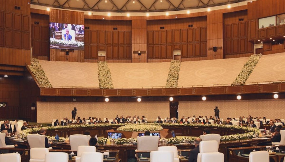 An inside view of the Jinnah Convention Centre with SCO summit underway in Islamabad on October 16, 2024. — X/@DrSJaishankar