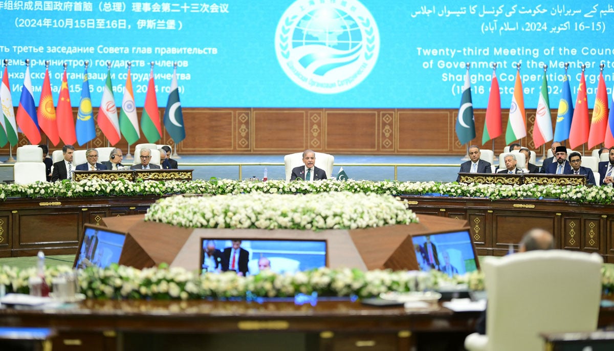 PM Shehbaz Sharif speaks at the SCO summit in Islamabad on October 16, 2024. — PID