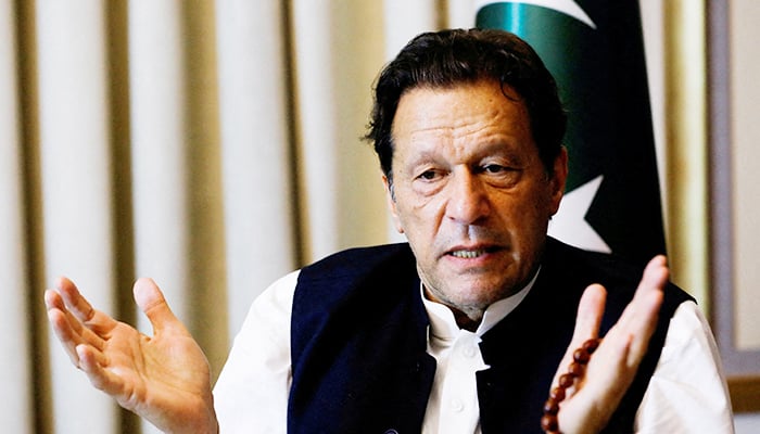 Former prime minister Imran Khan, gestures as he speaks with Reuters during an interview, in Lahore, Pakistan March 17, 2023.