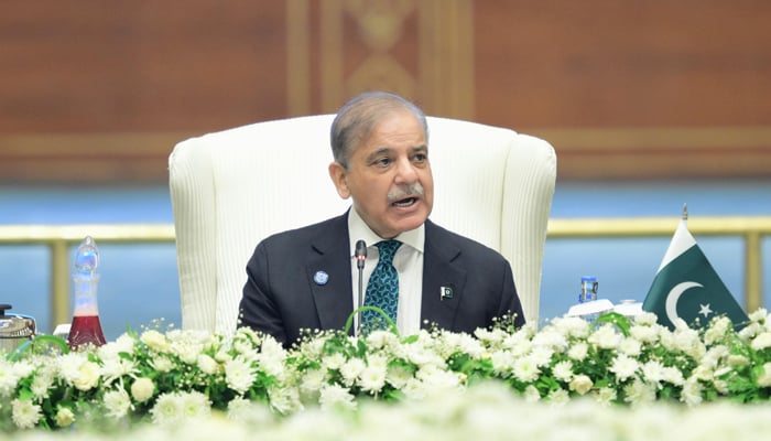 Prime Minister Shehbaz Sharif addressing the SCO summit in Islamabad, on October 16, 2024. — Screengrab/GeoNews