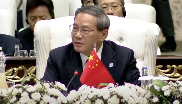 Chinese Premier of the State Council Li Qiang addressing the SCO summit in Islamabad, on October 16, 2024. — Screengrab/GeoNews