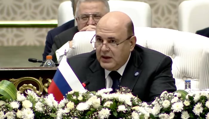 Russian Prime Minister Mikhail Mishustin addressing the SCO summit in Islamabad, on October 16, 2024. — Screengrab/GeoNews