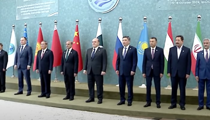 SCO leaders post for a group photo ahead of the summit's start in Islamabad, on October 16, 2024. — Screengrab/GeoNews