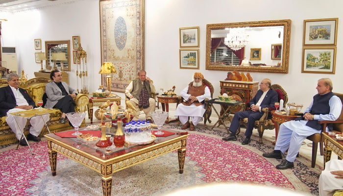 PML-N President Nawaz Sharif, JUI-F chief Maulana Fazlur Rehman and President Asif Ali Zardari meet at former’s Jati Umra residence on October 16, 2024. — Reporter