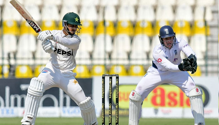 Pakistans Saim Ayub (left) plays a shot during the third day of the second Test against England at Multan Cricket Stadium on October 17, 2024. — PCB