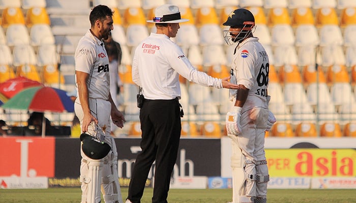 Pakistans Salman Ali Agha and Sajid Khan during day three of second Test between Pakistan and England at Multan Cricket Stadium on October 17, 2024. — Reuters