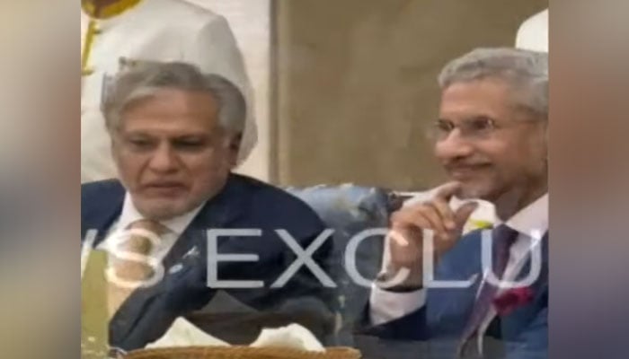 Deputy Prime Minister Ishaq Dar and Indian External Affairs Minister Dr S Jaishankar seen having a chit chat on the sidelines of the SCO summit in Islamabad on October 16, 2024, 2024. — Screengrab via YouTube/Geo News Live