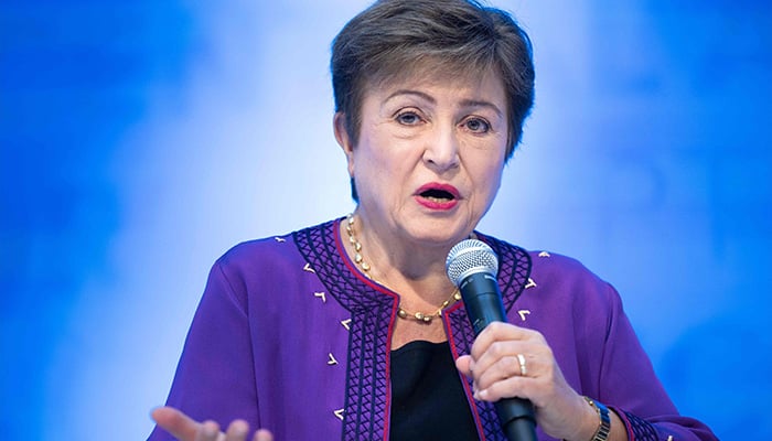 IMF Managing Director Kristalina Georgieva delivers a curtain raiser speech on the outlook for the global economy and policy priorities ahead of the 2024 Annual Meetings of the IMF and the World Bank Group in Washington, DC, October 17, 2024. — AFP