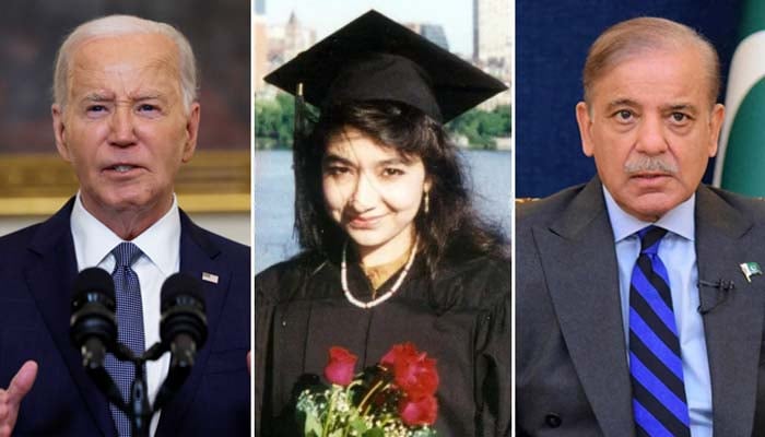 (From left to right) US President Joe Biden, incarcerated Pakistani doctor Aafia Siddiqui, and Prime Minister Shehbaz Sharif. — Reuters/Facebook/Free Aafia Siddiqui/File