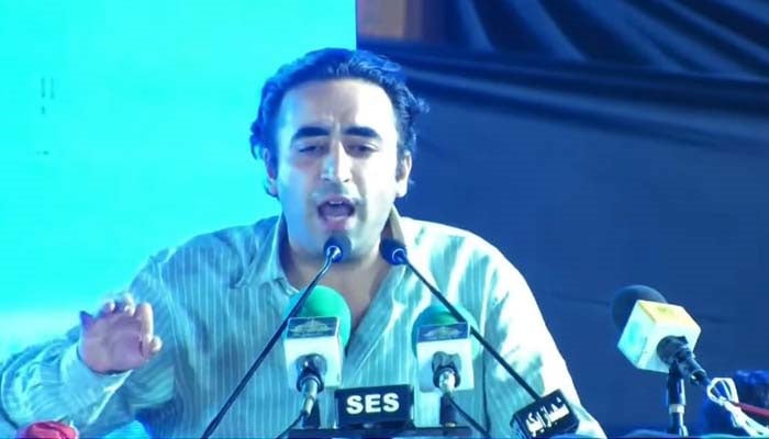 Pakistan Peoples Party (PPP) Chairman Bilawal Bhutto-Zardari addressing a public rally in Hyderabad on October 18, 2024. — YouTube/screengrab/Geo News