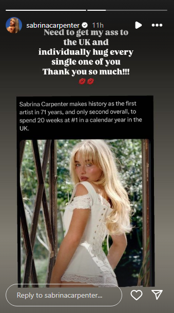 Sabrina Carpenter celebrates historic milestone with sweet note