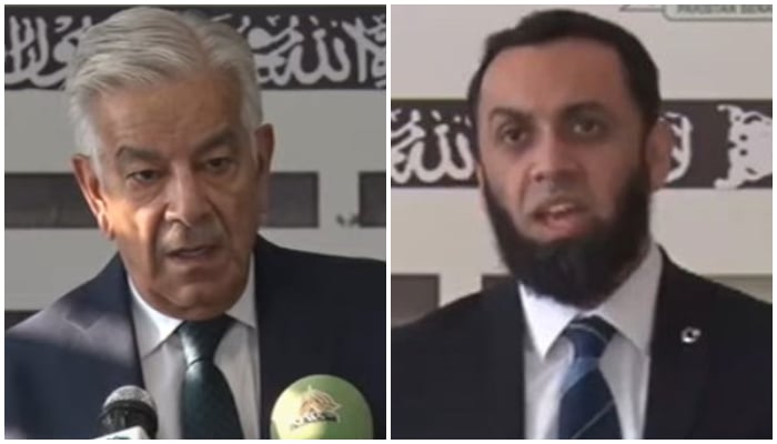 Defence Minister Khawaja Asif (left) and Federal Information Minister Attaullah Tarar address separate press conferences outside parliament on October 19, 2024. — Screengrab via Geo News