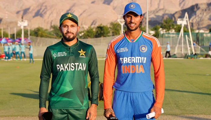 Pakistan Shaheens captain Mohammad Haris (L) and his Indian counterpart Tilak Varma pictured after the toss during their encounter at the ACC Emerging Teams Asia Cup 2024 on October 19, 2024. — PCB