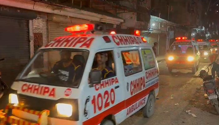 Ambulances entering the Bantwa Gali street where the murder incident took place in Lea Market, Karachi, on October 18, 2024. —Screengrab/Reporter