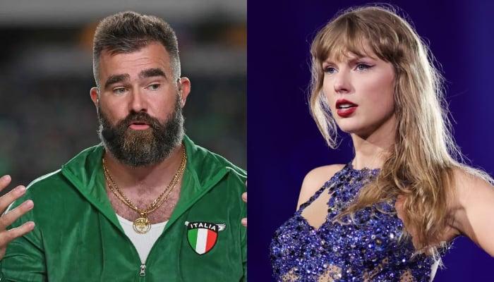 Jason Kelce tampak sedang mengistirahatkan matanya di konser Taylor Swift