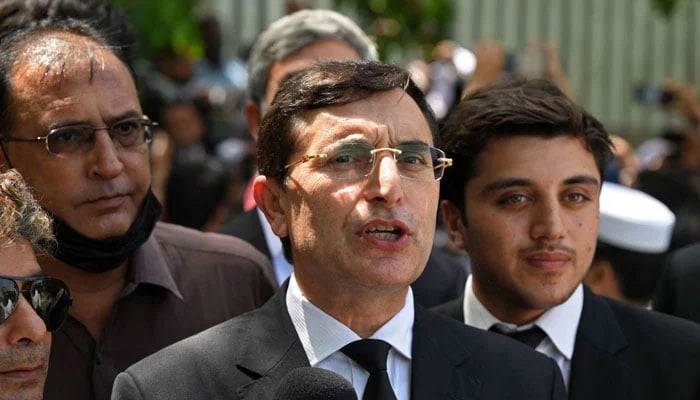 PTI Chairman Barrister Gohar Ali Khan talks to the media as he arrives to attend a hearing at the High Court in Islamabad on August 29, 2023. — AFP