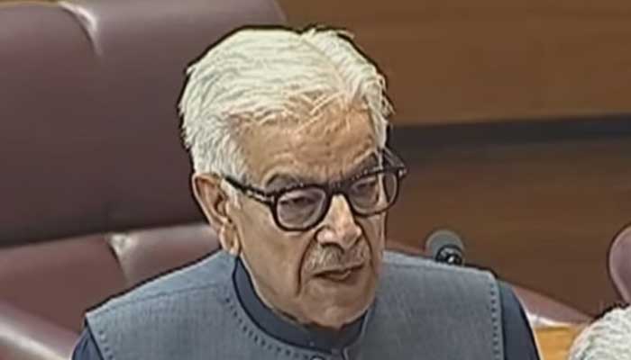 Defence Minister Khawaja Asif speaks at National Assembly floor in Islamabad, October 21, 2024. — Screengrab via Geo News