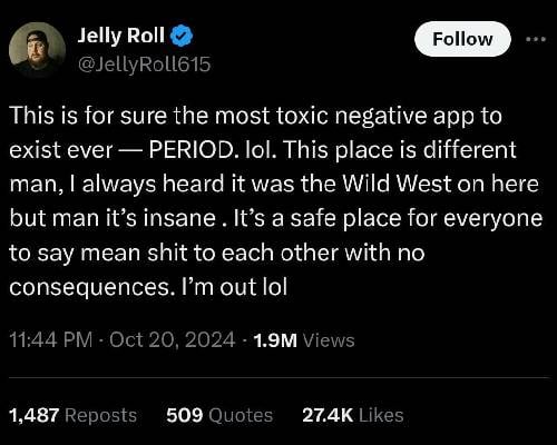 Jelly Roll takes another social media break, labels X Wild West of toxicity