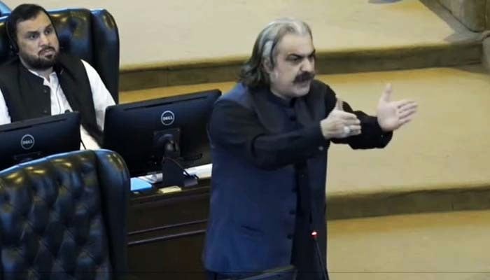 Khyber Pakhtunkhwa Chief Minister Ali Amin Gandapur addresses the provincial assembly on October 21, 2024. — YouTube/Geo News/screengrab